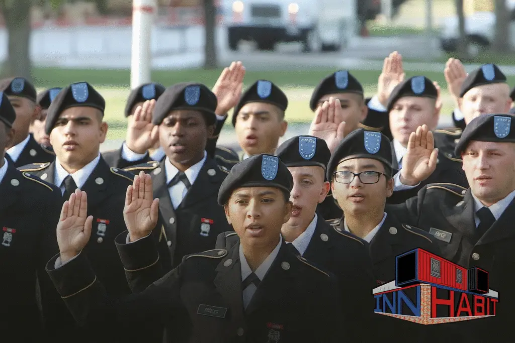 Fort Sill graduation ceremony with U.S. Army soldiers raising their right hands during the oath, Lawton Oklahoma.
